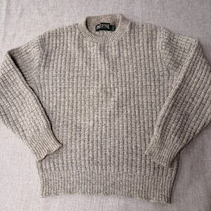 Vintage American Eagle Cream Chunky Fisherman Hand Knit Wool Sweater Size M